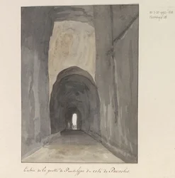 Ingang van grot Crypta Neapolitana (af Grotta di Posillipo) aan de kust van Pozzuoli Indgang til Pausilype-hulen nær Pozzuoli (titel på objektet) Rejser i Italien, Sicilien og Malta - 1778 (serietitel)