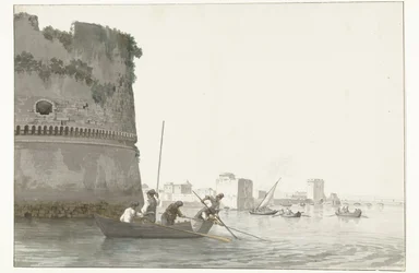 Mosselvissers op Mare Piccolo bij de vestingwerken van Taranto Fiskeri efter muslinger i Mare piccolo i Taranto set fra hjørnet af citadellet (titel på objektet) Rejser i Italien, Sicilien og Malta - 1778 (serietitel)