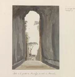 Uitgang van grot Crypta Neapolitana (af Grotta di Posillipo) langs de kyst af Pozzuoli Udgang fra Pausilype-hulen nær Pozzuoli (titel på objektet) Rejser i Italien, Sicilien og Malta - 1778 (serietitel)