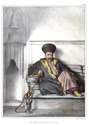 En græsk logoet af Livadie. i "" Rejsen til Athen og Konstantinopel, eller samling af græske og osmanniske portrætter, udsigter og dragter, malet på steder efter naturen, litografier og farver af Louis Dupre (1789-1837), Davids elev.1825.