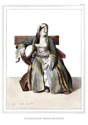 En græsk dame fra Livadie. i "" Rejsen til Athen og Konstantinopel, eller samling af græske og osmanniske portrætter, udsigter og kostumer, malet på naturens steder, litografier og farver af Louis Dupre (1789-1837), Davids elev.1825.