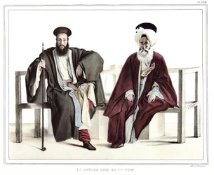 En græsk præst og en tyrker. i "" Rejsen til Athen og Konstantinopel, eller samling af græske og osmanniske portrætter, udsigter og dragter, malet på steder efter naturen, litografier og farver af Louis Dupre (1789-1837), Davids elev.1825.