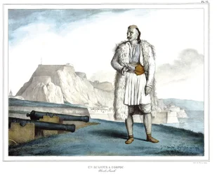 En Suliote på Korfu, Nicolo Pervoli, i "" Rejsen til Athen og Konstantinopel, eller samling af græske og osmanniske portrætter, udsigter og kostumer, malet på steder efter naturen, litografier og farver af Louis Dupre (1789-1837), Davids elev .1825.