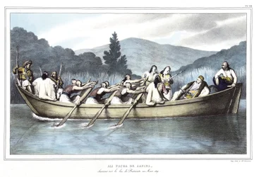 Ali Pasha de Janina (1741-1822), på jagt ved Butrinto-søen i marts 1819. i "" Rejsen til Athen og Konstantinopel, eller samling af græske og osmanniske portrætter, udsigter og kostumer, malet på steder efter naturen, litografier og farver af Louis Dupre