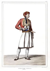 En albansk slagter i Athen. i "" Rejsen til Athen og Konstantinopel, eller samling af græske og osmanniske portrætter, udsigter og kostumer, malet på naturens steder, litografier og farver af Louis Dupre (1789-1837), Davids elev.1825.