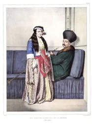 En armensk prins og hans kone, Duzoglous. i "" Rejsen til Athen og Konstantinopel, eller samling af græske og osmanniske portrætter, udsigter og kostumer, malet på steder efter naturen, litografier og farver af Louis Dupre (1789-1837), Davids elev.1