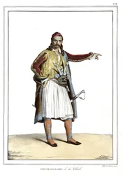 Kok af Palikares de la Scllade, i "" Rejsen til Athen og Konstantinopel, eller samling af græske og osmanniske portrætter, udsigter og kostumer, malet på steder efter naturen, litografier og farver af Louis Dupre (1789-1837), Davids elev. 1825.