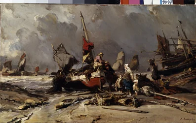 ""Efter stormen"" (Efter stormen) En fisker finder sin familie efter stormen. Maleri af Louis Gabriel Eugene Isabey (1803-1886) 1869 Dim. 36,5x60 cm Eremitagemuseet, Sankt Petersborg