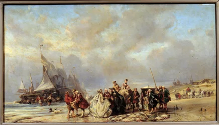 Lords på stranden i scheveningue køber fisk (1700-tallet). Maleri af Louis Gabriel Eugene Isabey (1803-1886)