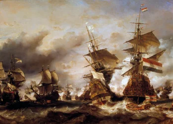 Krig mod Ligaen af Augsburg: "" Slaget på Texel den 29/06/1694, Jean Barts (1650-1702) sejr over den hollandske eskadron af Admiral of Friesland"" Franskmændene beslaglægger hollandske skibe ladninger af hvede. Maleri af Louis Gabriel Eugene Isabey (1803-1