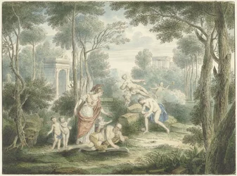 Arkadisk landskab med Athena, der kroner en gammel mand og Venus og Adonis