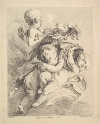 Tre amoriner, der holder en hjelm.