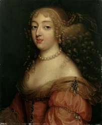 Portræt af en dame, der siges at være Laura Mancini, Duchesse de Mercoeur, brystlængde, i en rød kjole, med perlehalskæde og øreringe