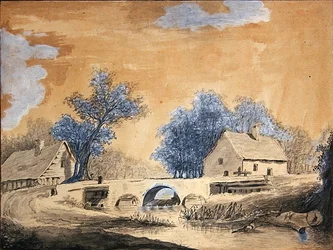 Udsigt over en lille bro nær Amsterdam, slutningen af det 18. århundrede (pen, blæk og vask på papir)