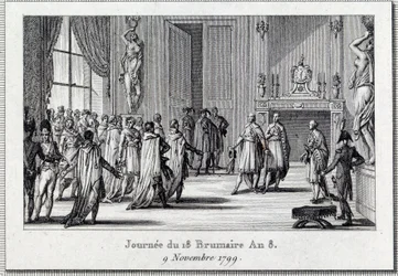 Konsulat: "" Napoleon Bonaparte (1769-1821) ved Saint Clouds møde den 18. brumaire (9/11/1799)" Statskuppet for de 18 brumaire af Napoleon Bonaparte ved Rådet for Fem Cents (Fem Cents) ) (værelse på 500), beskyttet af grenaderer, afslutter D