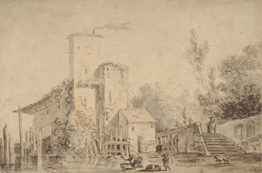 Bondegård ved en flod med figurer, 1765.