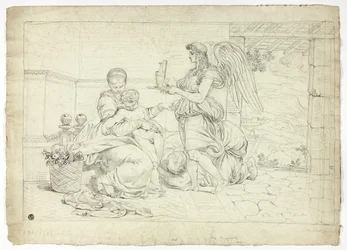 Den hellige familie med engel, der bærer æggestok (recto); højre halvdel af skitse til lunette (verso)