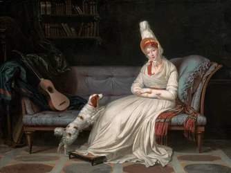 Portræt af Elizabeth, Lady Webster, senere Lady Holland, i en hvid kjole med sin spaniel Pierrot, ca. 1795
