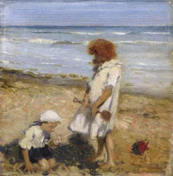 Playing on the Beach (olie på lærred)