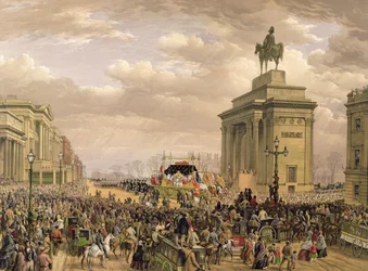 Begravelse af hertugen af Wellington, begravelsesvognen, der passerer buegangen ved Apsley House, 18. november 1852, indgraveret af Thomas Picken (fl. 1838-1870), pub. af Ackermann og Day, 1853