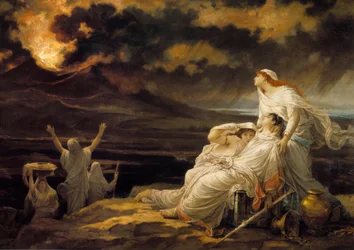Herculaneum (23. august 79): den antikke by ødelagt af Vesuvs udbrud og indbyggerne, der søgte tilflugt på en høj - Maleri af Louis Hector Leroux (1829-1900)
