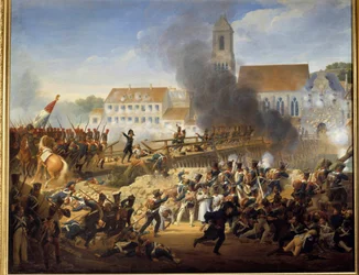 Da han passerede Landshut-broen den 21/04/1809, ledede general Mouton grenadererne fra det 17. regiment af linjemaleri af Louis Hersent (1777-1860)