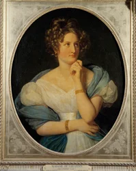 Portræt af den franske forfatter Delphine Gay (1804-1855), Madame Emile de Girardin. Hendes pennenavn er Viscount Charles de Delaunay. Maleri af Louis Hersent (1777-1860) 1824 søn. 0,92 x 0,72 m