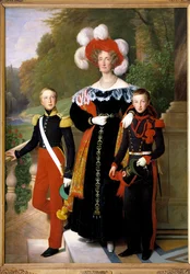 Dronning Marie-Amelie og to af hendes sønner, hertugen af Aumale i uniform som soldat for det lette infanteri og hertugen af Montpensier i skytsuniform, foran udsigten til parken i slottet Neuilly omkring 1833