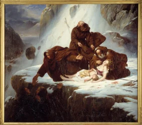 De religiøse på hospice Saint Gotthard (San Gottardo) giver nødhjælp til familier, der er ramt af soldaterne Maleri af Louis Hersent (1777-1860) 1824