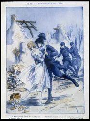 Soldater på vej ind i byen, en kysser en kvinde, "" charmerende bytte"", Illustration af Louis Icart (1888-1950) I "" Fantasio"" 15/12/1915