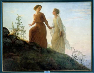 Sjælens digt; På bjerget bestiger en ung kvinde ledsaget af en muse et bjerg i en lyrisk atmosfære. Maleri af Louis Janmot (1814-1892), 19. århundrede. Lyon, Musée des Beaux-Arts