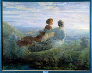Sjælens digt: Sjælens flugt, en ung kvinde løftet i luften over et grønt landskab og ledsaget af en muse i en lyrisk atmosfære. Maleri af Louis Janmot (1814-1892), 19. århundrede. Lyon, Musée des Beaux-Arts