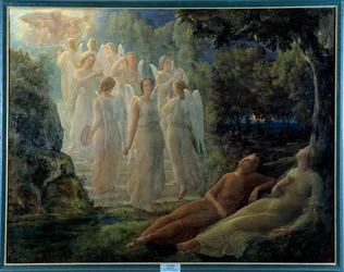 Sjælens digt; Den gyldne stige, scene har den lyriske atmosfære, befolket med engle og gudsfiguren. Maleri af Louis Janmot (1814-1892) 1800-tallet. Lyon, musee des Beaux Arts - Sjælens digt: gylden stige, scene med en lyrica