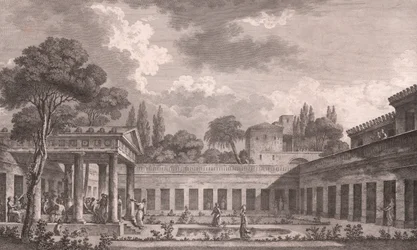 Ideel rekonstruktion af Villa of Diomedes i Pompeji til sin oprindelige tilstand før vulkanudbruddet af Vesuv i 79 e.Kr., Campania, Italien, radering efter tegning af Louis Jean Desprez (1743-1804), ca 21x34 cm