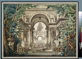 ""La procession au temple"" (Procession i et tempel) Scenografi til et teaterstykke. Akvarel af Louis Jean Desprez (1743-1804) Pushkin Museum, Moskva
