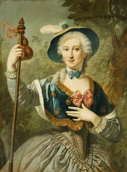 Portræt af en dame, trekvart længde, klædt som en pilgrim og iført en blå foret stråhat og fjer, 1747