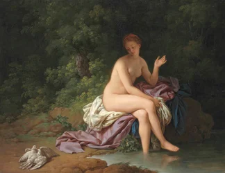 En dame bader ved en flod med to turtelduer