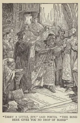 Bliv lidt, jøde, sagde Portia, dette bånd her giver dig ingen bloddråbe
