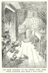 Bjørnen grinte til sin fjende, som lidt forskrækket løb et par skridt tilbage (litho)