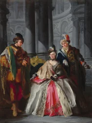 Tre skikkelser klædt til en maskerade, ca. 1740