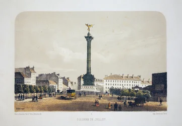 Julisøjle (Place de la Bastille), Paris. Litografi akvarel, illustration af Arnout, i "Album, souvenirs de Paris"", Daziaro-redaktør, Paris