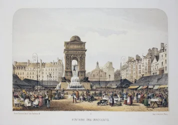 Fountain of the Innocents (Nymphernes Fountain), Paris. Litografi akvarel, illustration af Arnout, i "Album, souvenirs de Paris"", Daziaro-redaktør, Paris