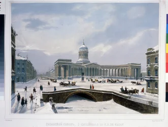 Kazan-katedralen i Sankt Petersborg. Litografi af Louis Jules Arnout (1814-1868), farvelagt i akvarel, ca. 1840. Fransk kunst, klassicisme. A. Pushkin Memorial Museum, Sankt Petersborg.