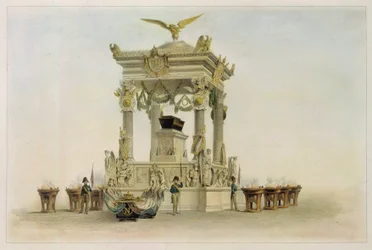 Napoleon I Bonapartes kiste (1769-1821) i Invalides kirken (Paris, Frankrig). (Napoleons kiste i kirken ved Les Invalides). Værk af Louis Jules Arnout (1814-1868), litografi og akvarel. 1800-tallets franske kunst, klassicisme.