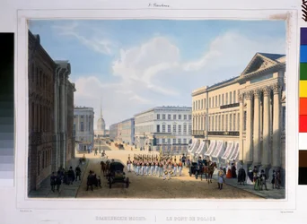 Politibroen i Sankt Petersborg, set fra Nevsky Prospekt fra Stroganov-paladset. Litografi af Louis Jules Arnout (1814-1868), farvelagt