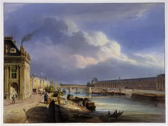 Pont du Carrousel og Louvres store galleri - i "Paris i 1837" af Arnout