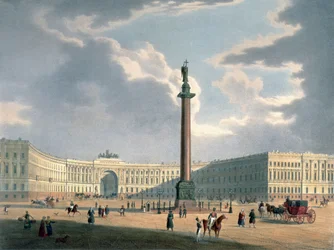 Alexandersøjlen og hærens hovedkvarter i Skt. Petersborg, trykt af Lemercier, Paris, 1840