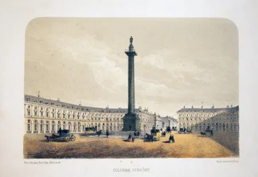 Vendome-søjlen, Paris. Litografi akvarel, illustration af Arnout, i "Album, souvenirs de Paris"", Daziaro-redaktør, Paris
