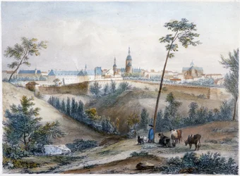 Bouvier i det bretonske landskab (Dinan i det fjerne) - litografi af Jacottet og Benoist
