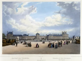 Udsigt over paladset og Tuileriernes have - i "" Promenade dans Paris et ses environs"", af Jacottet og Benoist, Paris, v.1840